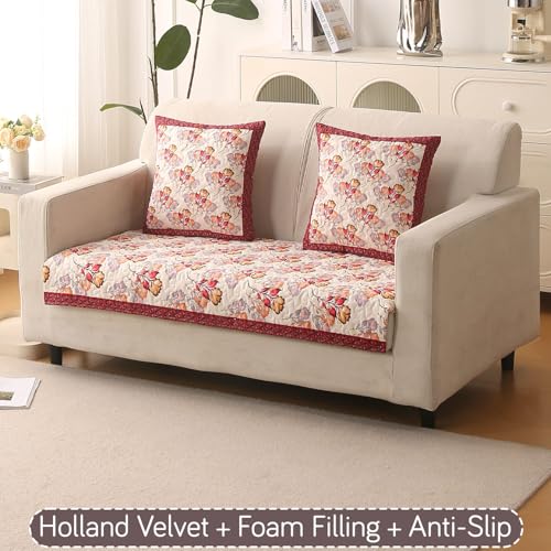 Image of HOKIPO 'Florentina Series' Premium Holland Velvet Sofa Cover Mat for 2 Seater Sofa with Foam Filling for Extra Softness, Anti-Slip Backing, Autumn Cream (IN-879-V3)