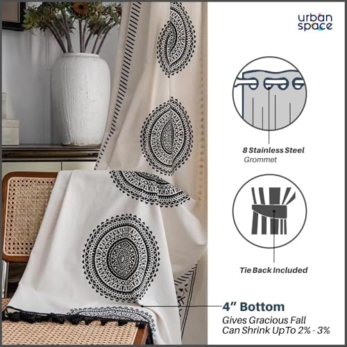 Image of Urban Space 100% Cotton Customization Curtains for Door, 60-65% Room Darkening Bohemian Decorative Curtains 5 feet Long Curtain with Eyelets Tieback, 1 Piece Curtain (Trellis Black)