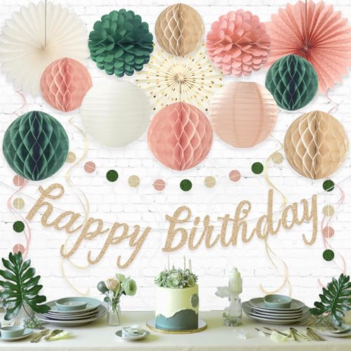 Image of Pink Sage Green Happy Birthday Decorations, Pre-Strung Happy Birthday Banner with Honeycomb Balls, Paper Flowers, Lanterns, Hanging Swirls, Circle Dots Garland for Birthday Party Decorations 24pcs