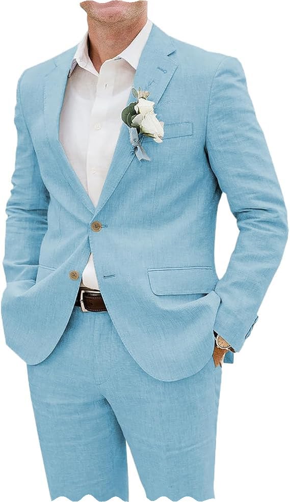 Summer Casual Men's Suits Regular Fit 2 Piece Prom Tuxedos Linen Blazer Pants for Beach Wedding3