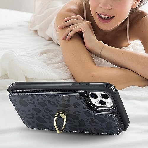 Image of for iPhone 11 Pro Phone Case with Card Holder and Strap for Women,Crossbody Lanyard,Kickstand Ring Stand,Snap Clasp,Cute Phone Wallet Cases 5.8 inch(Black Leopard)