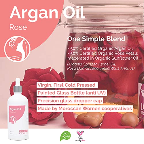 Argan Oil With Rose Petal Macerate By Fatima's Garden - 100% Natural For Face, Hair, Body, Nails - Anti-Aging, Moisturizing, Cold-Pressed, Clear Skin, Strengthens Hair - 1 Fl Oz / 30Ml #TOP2