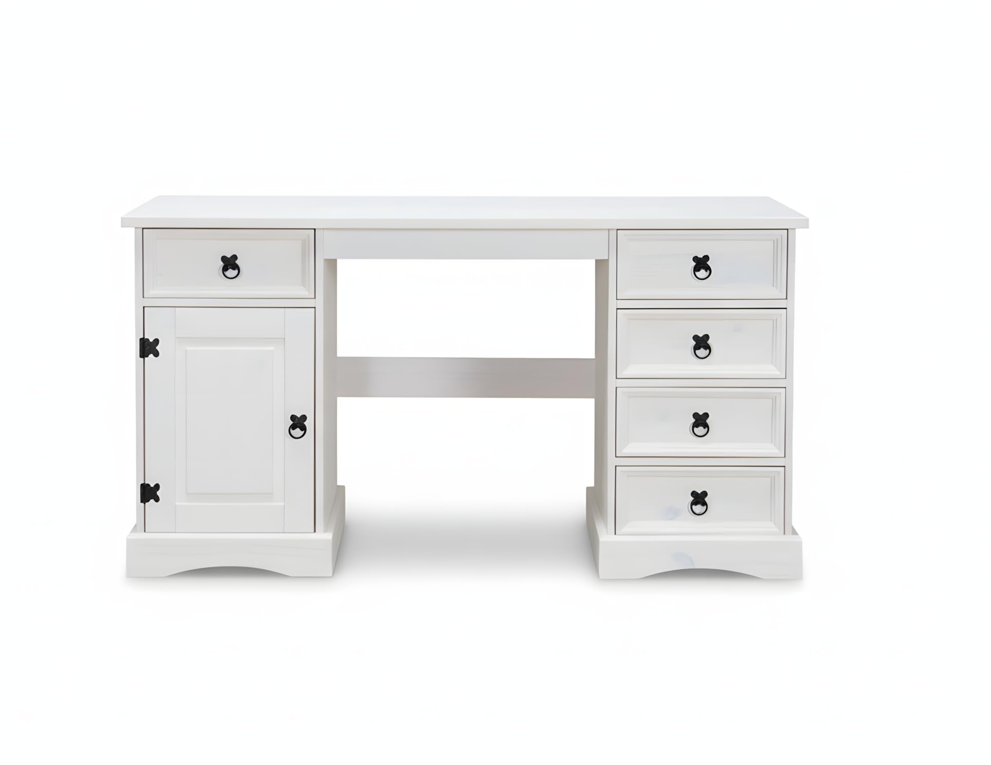 Hacienda-Look – Schreibtisch New Mexiko 5+1 Arbeitstisch PC Computer Büro Tisch weiß – 141x76x47 cm – 5 Schublade(n) – Massive Kiefer – Farbe Weiß – Hacienda-Stil – wärmender Massivholz-Look