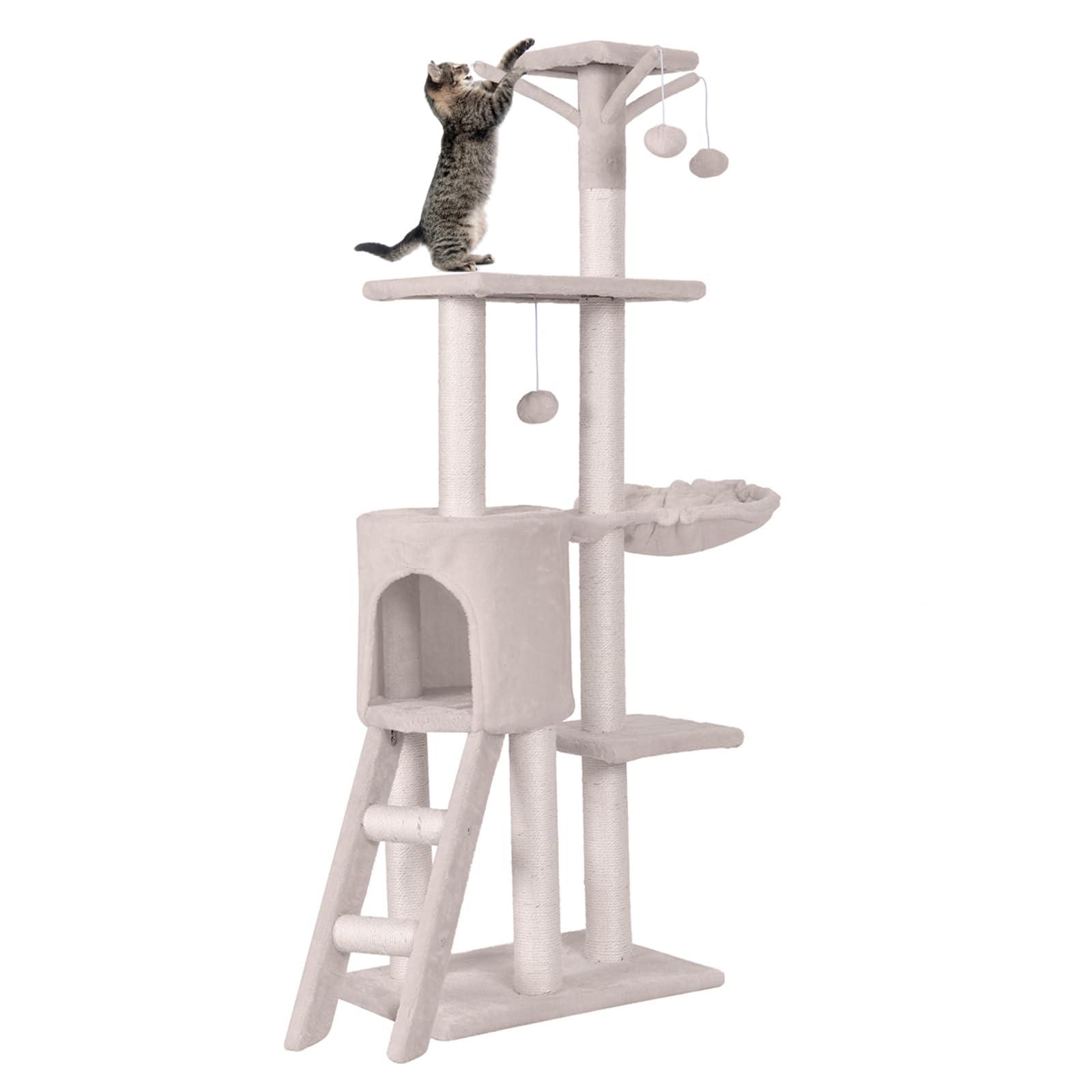 COSTWAY Cat Tree, 140cm Cats Climbing Tower with Scratching Sisal Posts, Hanging Basket, Ladder, Condo & Jingling Ball, Multi Level Kitten Activity Center Play House for Indoor