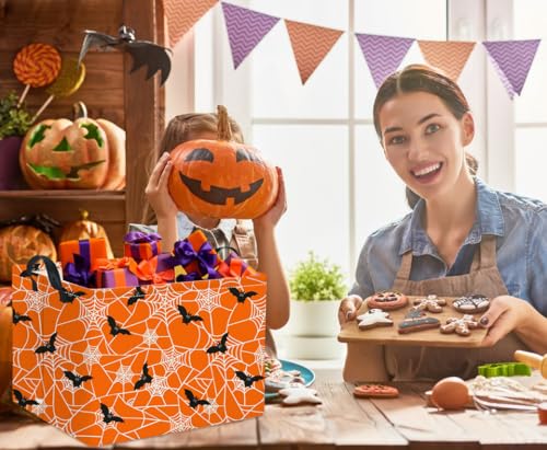 Image of Rectangular Halloween Basket for Boys and Girls Kids Trick or Treat Pumpkin Basket for Halloween Parties Cute Storage Bin Organizer Box Room Decor(Bat spider web)