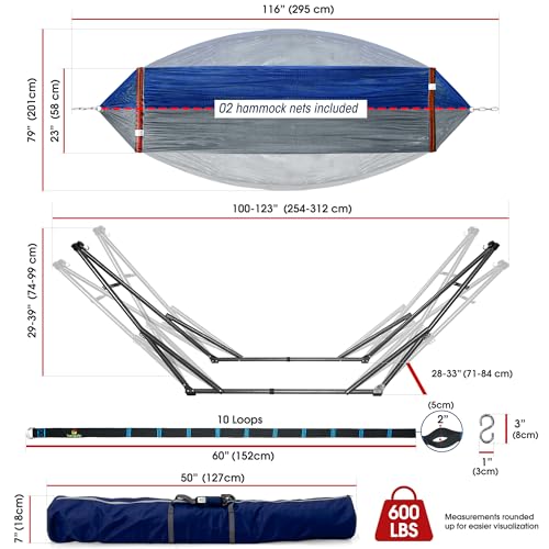 Image of Tranquillo Combo x2 Hammocks with Stand for Outside & Tree Straps, Heavy Duty Hammock with Stand 600lbs for Indoor Outdoor Patio Backyard, x2 Hammocks for 2 Person, Portable Carrying Bags, Aegean