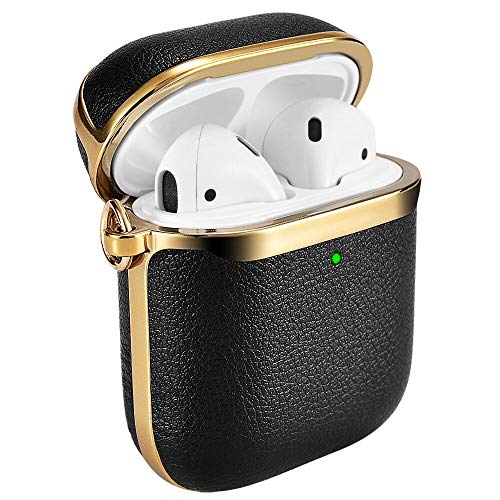 AirPods Case Cover, ICARERSPACE Portable Black Leather Protective Cover Case with Carabiner