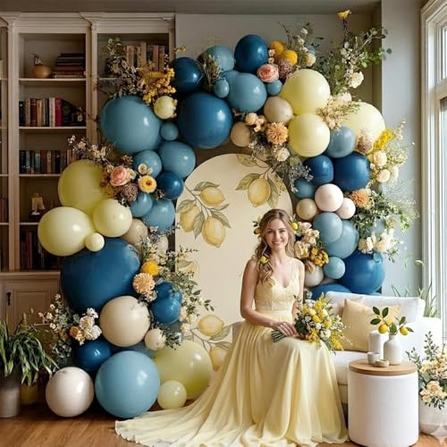 Image of Blue Yellow Balloon Arch Double Stuffed Dusty Navy Blue Light Yellow Cream White Balloon Garland Kit for Baby Shower Birthday Bridal Wedding Lemon Graduation Party Decorations