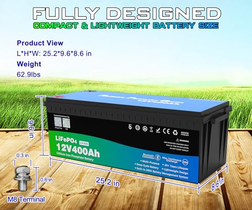 Image of 12 Volt 400Ah Lithium Golf Cart Battery, 12V LiFePO4 Battery, 200A BMS, 4000+ Cycles, 5.12 kWh Energy, 2.56kW Max Power Output, Perfect for Off-Grid, Home Storage, RV, Marine