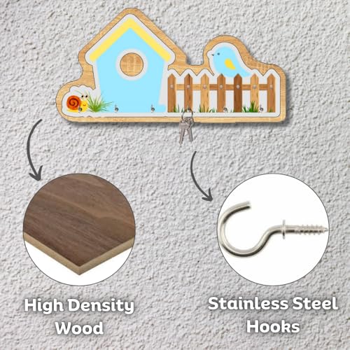 Image of Wooden Birdhouse Wall Mount Key Hanger for Home Office Decorative Wall Mounted Stylish Key Hanger for Home Decor (V-House Keyholder SkyBlue)