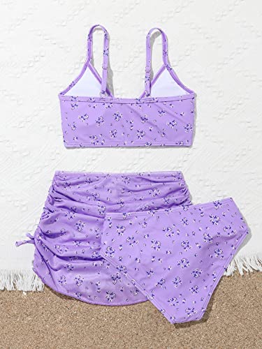WDIRARA Girl's 3 Pieces Floral Print Bikini Swimsuit with Side Beach Skirt2