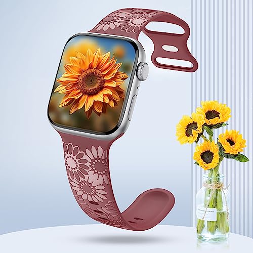 Image of Sunflower Engraved Band Compatible with Apple Watch Bands 38mm 40mm 41mm 42mm 44mm 45mm 49mm Women, Designer Soft Glossy Floral Silicone Strap for iWatch Series Ultra 11 10 9 8 7 6 SE 5 4 3 2 1