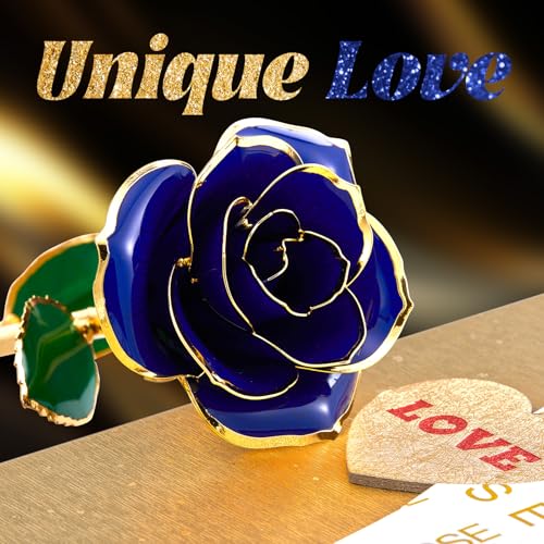 Image of Mikasol Gold Dipped Real 24K Forever Preserved Rose, 1 Pack Infinity Flower Decor Hand Dipped Romantic Gift for Women in Her Wife Girlfriend Birthday Anniversary Valentines Mothers Day Christmas(Blue)