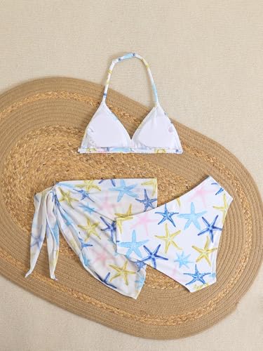 Image of SEGT Girl's 3 Piece Striped Bikini Swimwear Cute Swimsuits Bathing Suit High Waisted with Cover Up Beach Skirt