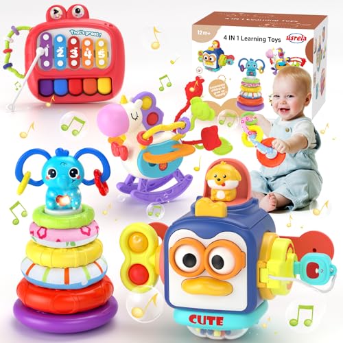 Image of usrela 4 in 1 Baby Toys for 6 12 18 Month, Learning Toys for Babies 6-12 Months, Busy Cube, Stacking Sorter, Piano Xylophone Pull String Travel Toy, Birthday Gifts for Toddlers 1 2 Years Old