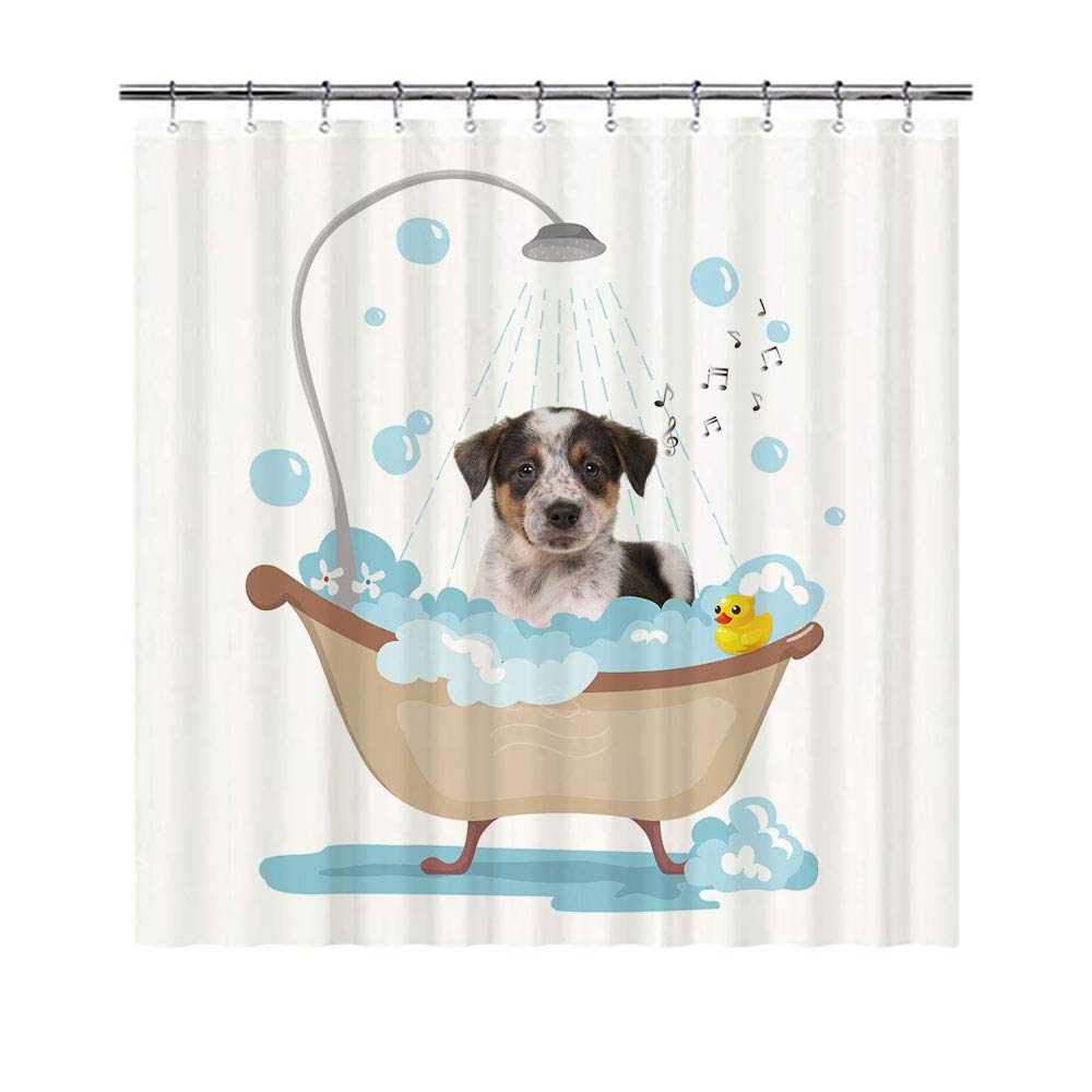BAGEYOU Funny Dog Australian Shepherd Australian Cattle Dog in Bath Shower Curtains Cute Puppy Taking A Shower Waterproof Polyester Fabric Bathroom Curtain 66 X 72 Inch, with 12 Hooks
