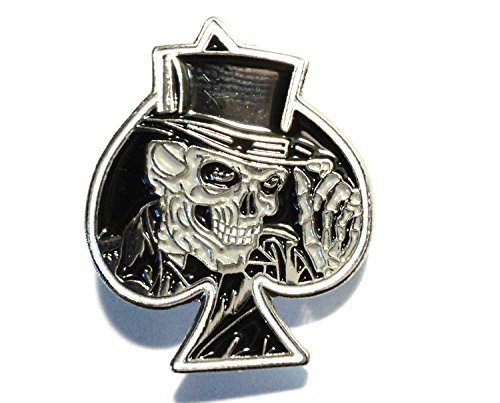 Spilla in metallo smaltato asso di Picche Biker Grinning Skull in nero