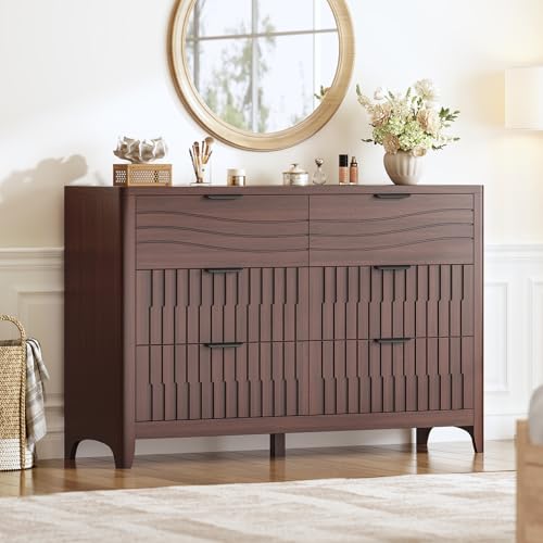 Image of Fluted 6 Drawer Dresser for Bedroom, 48'' Wide Wooden Chest of Drawers with Metal Handles, Modern Dresser TV Stand, Wood Clothing Storage Organizer for Bedroom, Living Room, Walnut