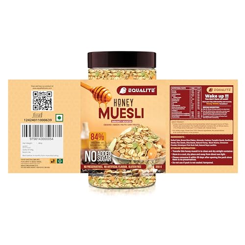 Image of Equalite Honey Muesli I Dry fruits I Muesli I Fruit and Nuts I No added sugar I Granola I High protein I Breakfast I Healthy food I Protein food I Gluten Free |No preservatives | High fiber | Omega-3 | High Minerals & Vitamins |Weight loss food I Equalite foods | (1050g, Combo Honey (Pack of 3))