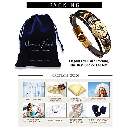 Image of Young & Forever Zodiac Sign Multi-Strand Genuine Leather Bracelet for Men & Boys - Adjustable Tribal Wristband with Antique Metal Charm