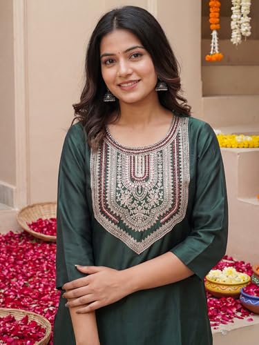 Image of INDO ERA Women's Cotton Solid Straight Kurta Palazzo With Dupatta Set