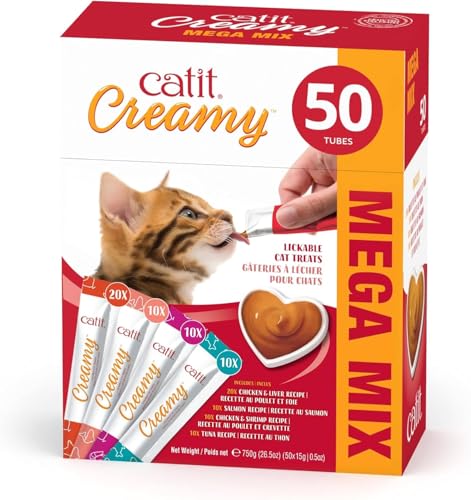 Catit Creamy Lickable Cat Treat – Healthy Variety of Flavors, 50 Pack, Hand-Feed or Serve, Nutrient-Rich Squeeze Tube, 0.5 oz Each