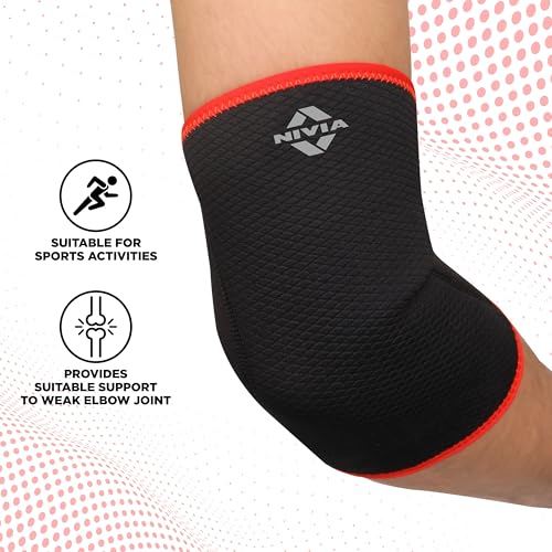 Image of Nivia Elbow Support with Slip in For Men & Women, Elbow Sleeves & Braces or Wraps, For Stability & Joint Support & Black /Red Color, Used for All kind of impact Sports