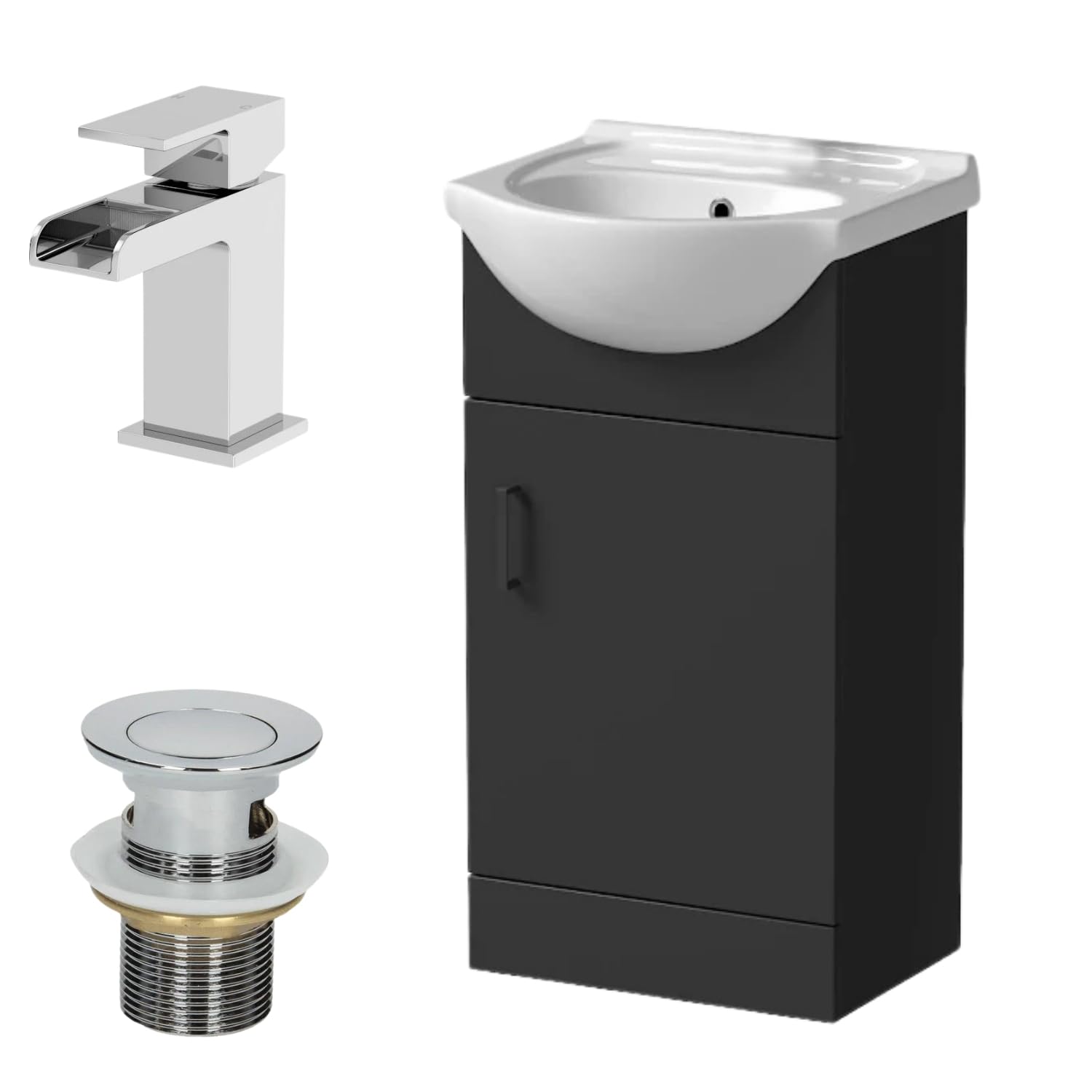 Affine® 450mm Bathroom Vanity Unit Ceramic Sink Floorstanding Storage Cabinet Cupboard & Chrome Waterfall Basin Tap & Waste Set, Matt Black