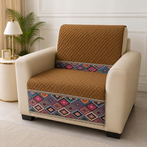 Image of KINGLY Sofa Cover 1 Seater Fully Covered | Stretchable Anti-Slip Slipcover | Washable Furniture Protector | Royal Gold | Set of 2 | Seat & Back |
