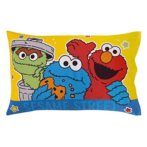 Image of Sesame Street Come and Play, Elmo, Big Bird, Cookie Monster, Grover, and Oscar The Grouch 4 Piece Toddler Bed Set - Comforter, Fitted Bottom Sheet, Flat Top Sheet, and Reversible Pillowcase