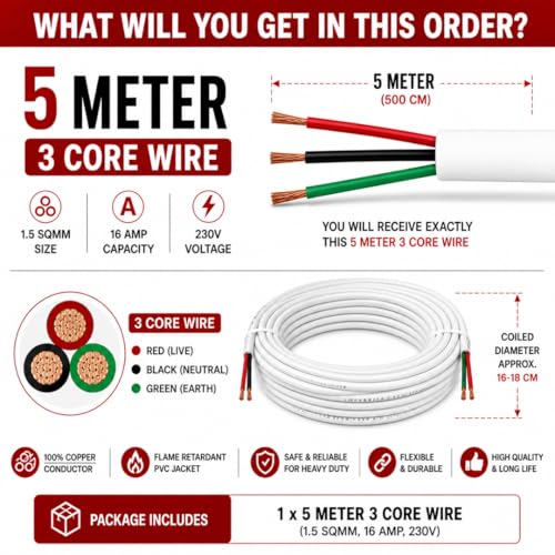 Image of Hi-Plasst 1.5 Sqmm 3 Core Flexible Copper Wire 5M | ISI FR PVC Heavy Duty AC Cord | 16A Extension Wire /Extension Cable for Home Appliances (White)