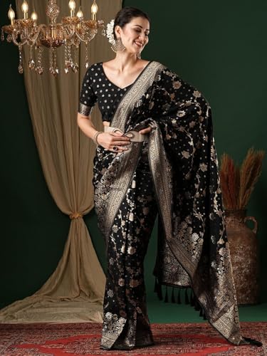 Image of Women's Georgette Kanjeevaram Saree with Woven Ethnic Motif Design, Unstitched Blouse Piece