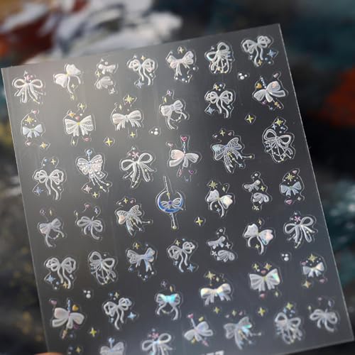 Image of Bow Nail Sticker Decals Star Nail Art Stickers White Silk Bow Knot Nail Art Decals with Design 5D Embossed Self Adhesive Nails Charms for Women Girls Manicure DIY Decoration Supply