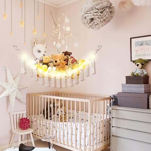 Image of CERETIA Stuffed Animal Hammock with LED Light, Large Stuffed Animals Storage Corner Plushie Net for Kids Room Decor, 2 Packs White