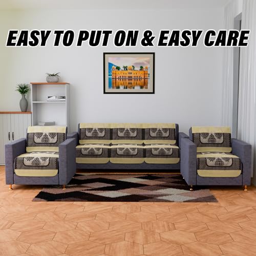 Image of Kuber Industries Sofa Cover | Net Sofa Slipcover Set | Sofa Cover for Living Room | Sofa Cover for Hall | 5-Seater Sofa Cover for Home Decor | Brown Star Patta Sofa Cover Set | Orange