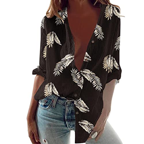 Damen Leinen Bluse Sommer Langarm Knopfleiste Oberteile V-Ausschnitt...