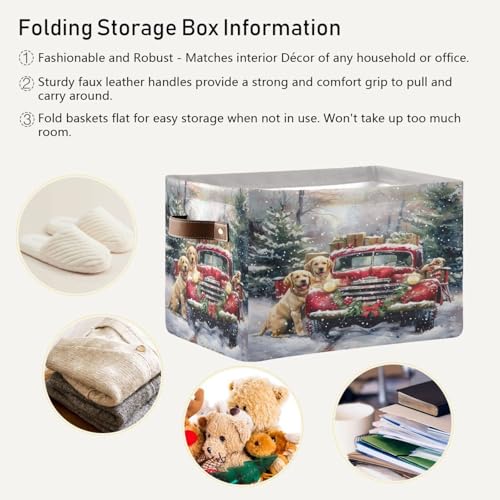 Image of Christmas Truck Golden Retriever Storage Basket Fabric Kitchen Baskets Winter Car Dogs Xmas Tree Open Home Storage Bins Boxes Foldable Organizer Bag for Book Shelf Closet Baskets 16x12x8 Inches 2 Pack