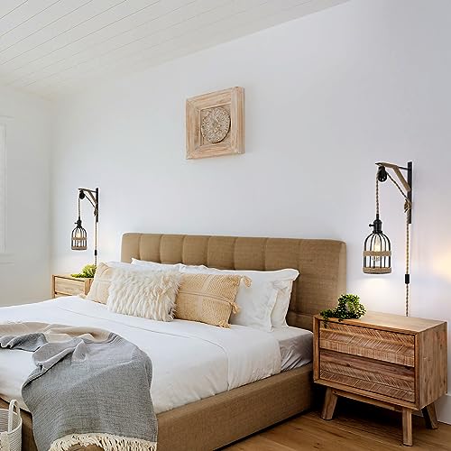 Image of Farmhouse Plug in Pendant Light Set of 2, Black Industrial Metal Plug in Wall Sconce, Height Adjustable Pulley Lamp for Bedside Living Room Bedroom Hallway.
