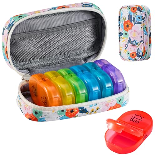 Image of Serfeymi Weekly Travel Pill Organizer 2 Times A Day AM PM Upgraded Rainbow Pill Box 7 Day with Portable Zipper PU Leather Pill Case, Medicine Organizer for Pills, Vitamins, Fish Oils - Floral 03