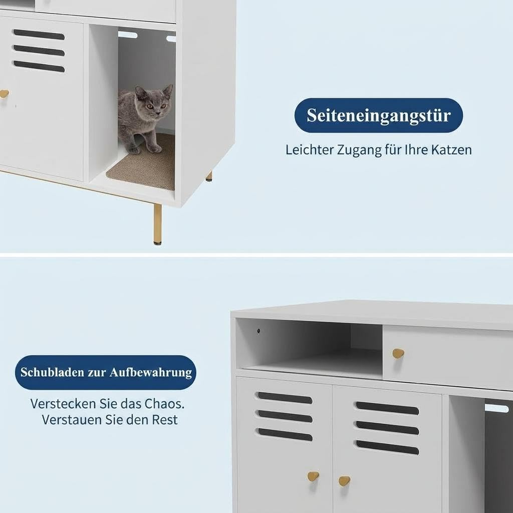 Modernes Katzenklo-Möbel mit Schublade, Regal, Versteckter Katzenklo Schrank 80 × 50 × 67cm, Katzenstreu Enclosure mit Seitlicher Einstieg, Belüftetes, Hundesicher für Flur & Schlafzimmer, Weiß