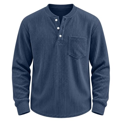 Corduroy Shirt Men Henley Shirts for Men Long Sleeve Button Down Fall Clothes Ribbed Corduroy Sweatshirt Navy Large - image 4