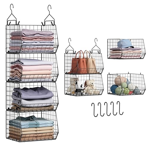 4 Tier Closet Hanging Organizer, Closet Organizers and Storage with 5 S Hooks, Closet Hanging Shelves & Freestanding Wire Storage Basket Bins, for Clothing Shoes Handbags Clutches Accessories Patent