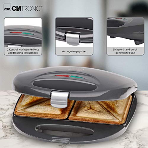 Foto von Clatronic® Sandwichmaker mit dreieckigen Sandwichplatten | Sandwichtoaster mit automatischem Temperaturregler & Antihaftbeschichtung | Sandwich Maker mit Verriegelungssystem | ST 3477 grau