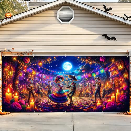 Image of Halloween Garage Door Decorations 7 x 16 ft, Skeleton Dance Cover