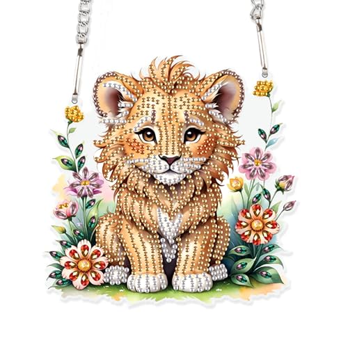 Image of DIY 5D Diamond Painting Hanging Ornament Kit Lion Design, Handmade Acrylic Diamond Art Irregular Shape Pendant, Decorative Hanging for Home, Garden, Wall, Door, and Gift