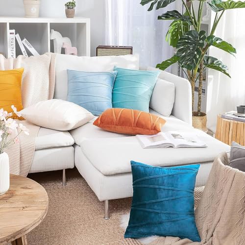 Image of Khooti Velvet Striped Cushion Cover Pack of 1-38 inch x 38 inch / 97 x 97 cm | Sea Blue | Soft Pillow Covers Cushion Case for Sofa Bedroom Livingroom Chair Car, Cushion Cover with Zig Zag Pattern