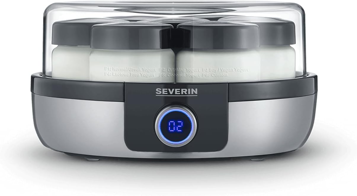 SEVERIN JG 3521 Yoghurt Maker with Digital LED Display, 7 Glasses of 150 ml, BPA-Free, Automatic Shut-Off, 5 Automatic Programmes, Temperature and Time Adjustable, Vegan and Lactose Free,