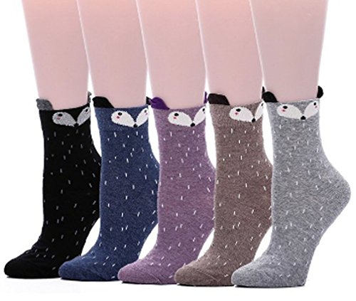 SoxEra Cute Fox Design Women's Casual Comfortable Cotton Crew Socks - 5 Pack (Cute Fox)