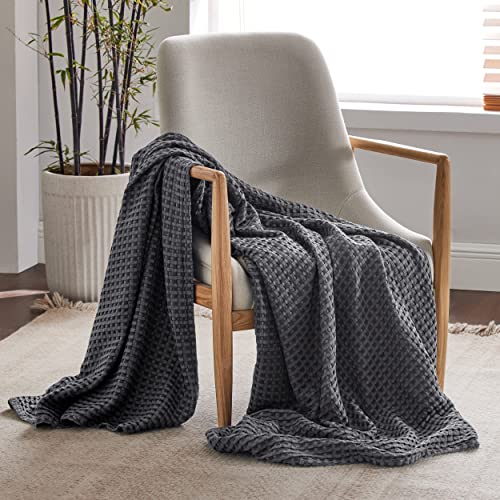 Image of Bedsure Cooling Cotton Waffle Weave Blanket - Lightweight Breathable Blanket of Rayon Derived from Bamboo for Hot Sleepers, Luxury Throws for Bed, Couch and Sofa, Dark Grey, 50x70 Inches