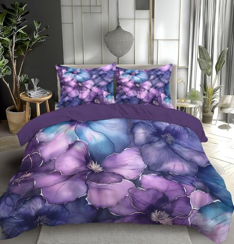 Parure de lit bleu violet floral 240x260 cm avec 2 taies d'oreiller